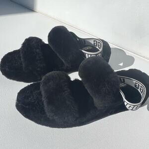 UGG black fluff slip on sandals furry 7